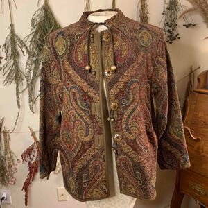 Vintage Tapestry Jacket Fall Colors Unique Button Closure Size 8